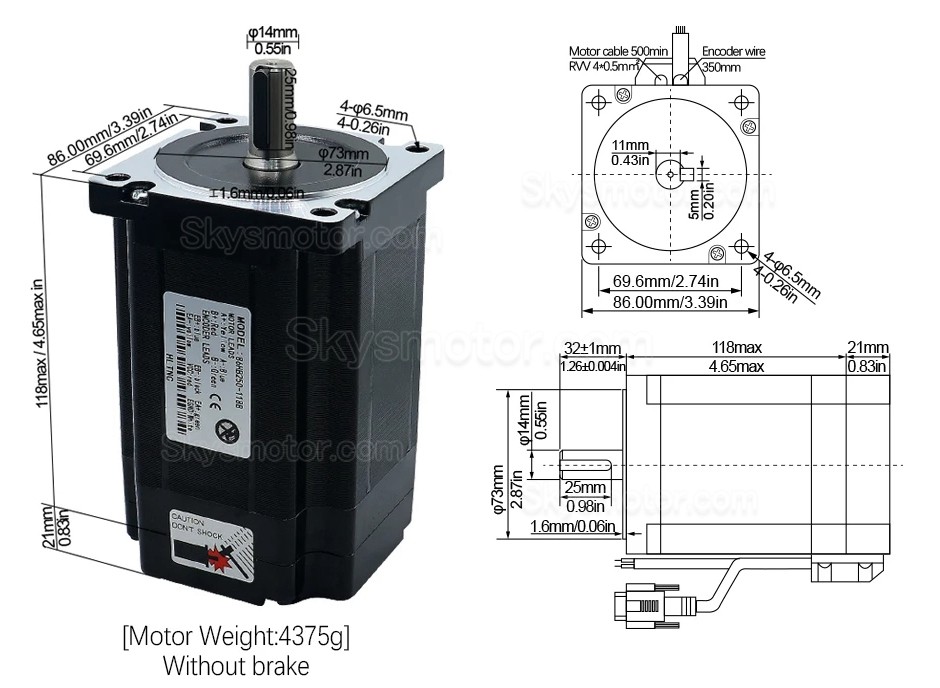 Nema34 クローズドループ ステッピングモーターキット 86HB250-118B-HBS86 (ブレーキなし) 1.8 度 8N.m + HBS86 ドライバー