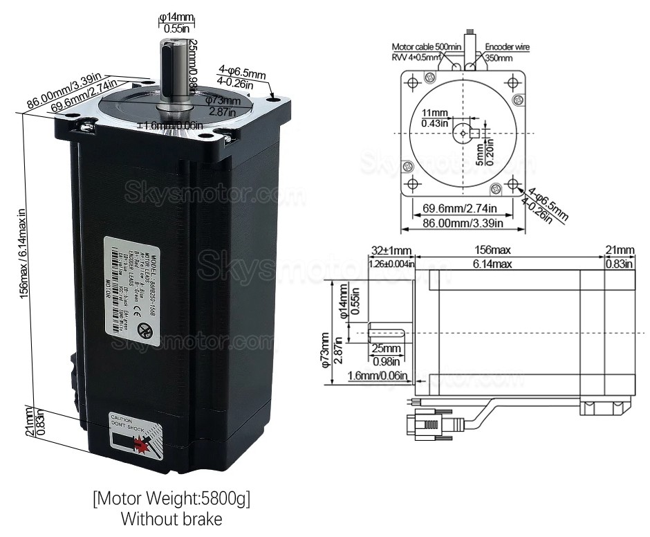 Nema34 クローズドループ ステッピングモーターキット 86HB250-156B-HBS86 (ブレーキなし) 1.8 度 12N.m HBS86 ドライバー付き