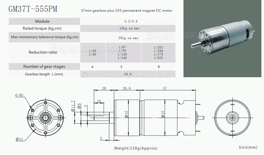 2個 Φ37mm 12V/24V ブラシDCギヤードモータ GM37-555 ギア比 6~810 平行軸ギヤボックス付き