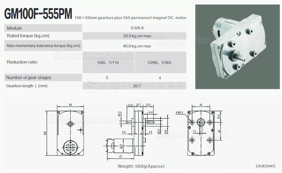 2個 12V/24V ブラシDCギヤードモータ GM100F-555PM 永久磁石モータ ギア比 60~365 平行軸ギヤボックス付き