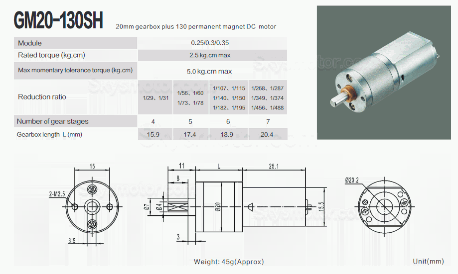 2個 Φ20mm 6V/12V ブラシDCギヤードモータ 永久磁石モータ GM20-130SH ギア比 29~488 平行軸ギヤボックス付き