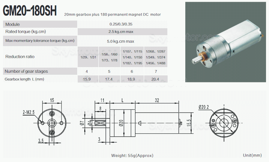 2個 Φ15.5mm 6V/12V ブラシDCギヤードモータ 永久磁石モータ GM20-180SH ギア比 29~488 平行軸ギヤボックス付き