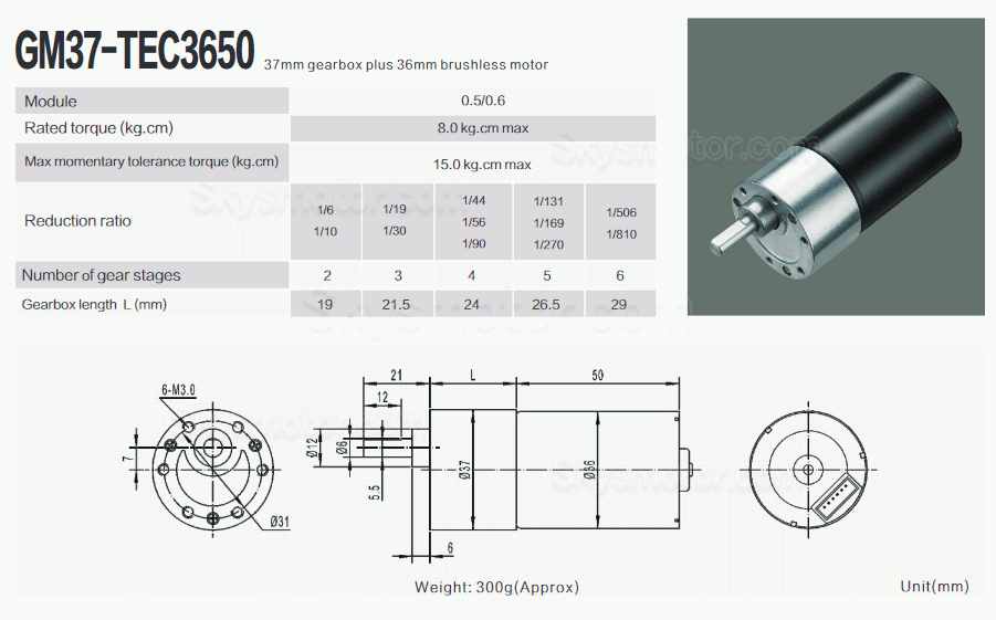 2個 12V/24V BLDCギヤードモーター GM37-TEC3650 7W/11W ギア比 6~810 平行軸ギヤボックス付き