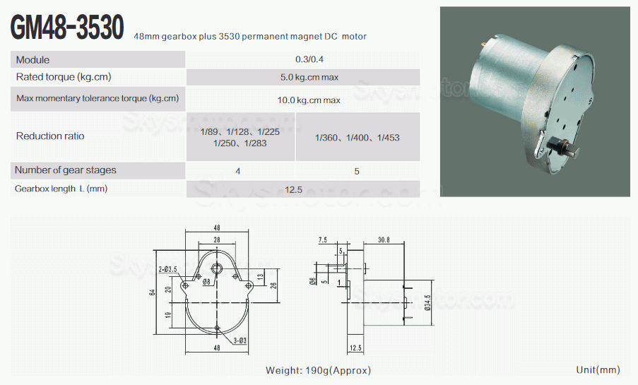 2個 12V/24V 洋ナシ型DCギアモーター GM48-3530 最大定格トルク 5kg.cm ウォームギアボックス付き