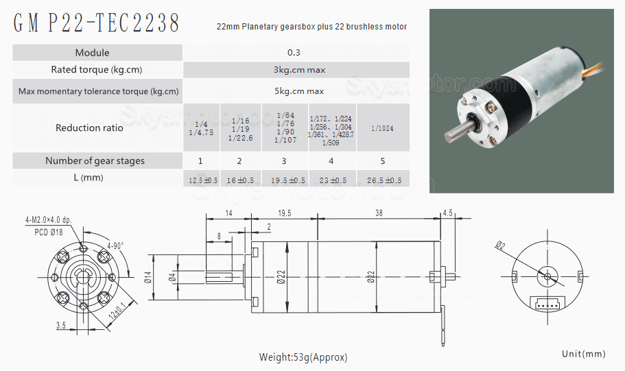 2個 Φ22mm 12V/24V BLDC遊星ギヤードモータ MP22-TEC2238 3.0kg.cm 3W CW/CCW 遊星ギアボックス付き