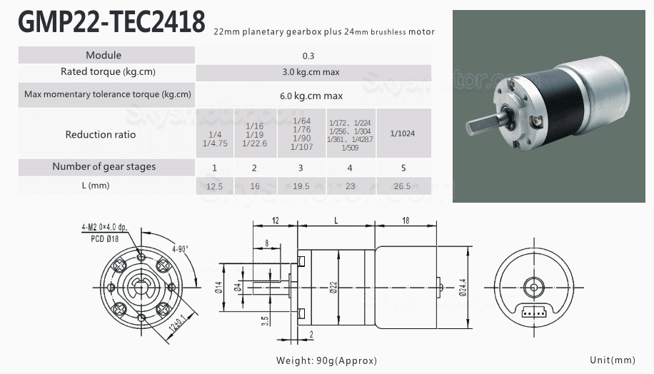 2個 Φ22mm 12V/24V BLDC遊星ギヤードモータ GMP22-TEC2418 3.0kg.cm 1.54w 遊星ギアボックス付き