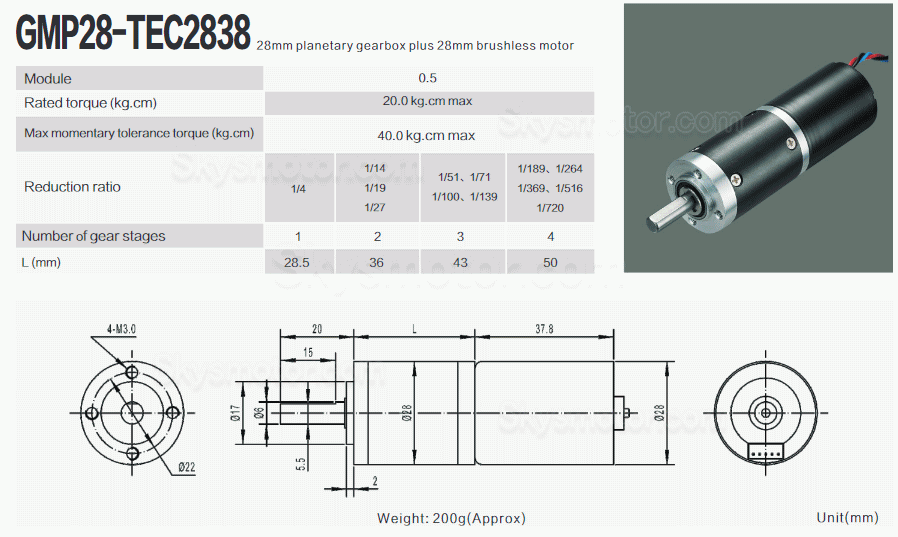 2個 Φ28mm 12V/24V BLDC遊星ギヤードモータ GMP28-TEC2838 20kg.cm 6.6-11.5w 遊星ギアボックス付き