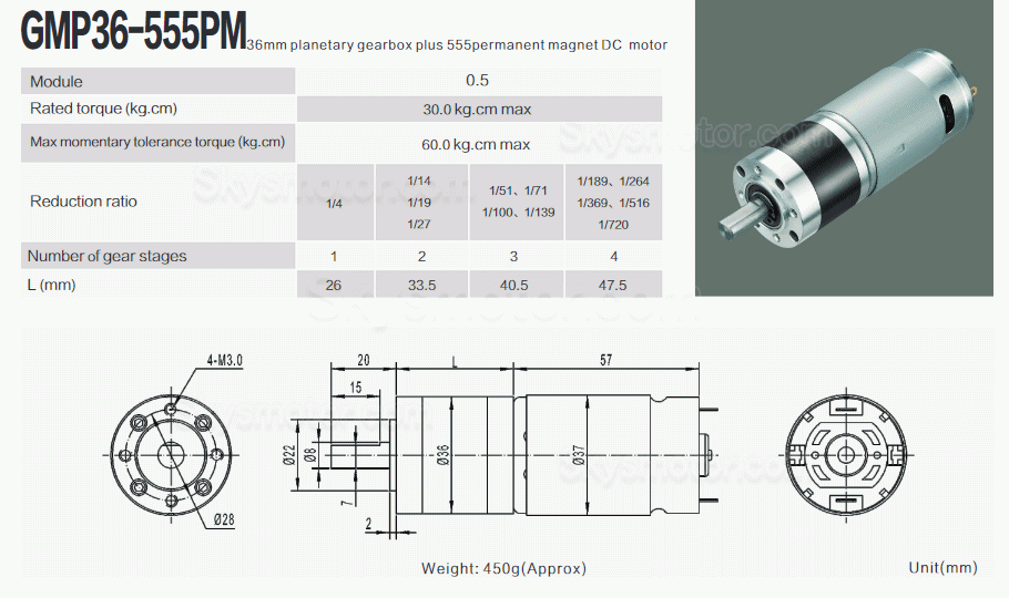 2個 Φ42mm 12V/24V ブラシDCギヤードモータ 永久磁石モータ GMP36-555PM 遊星ギアボックス付き