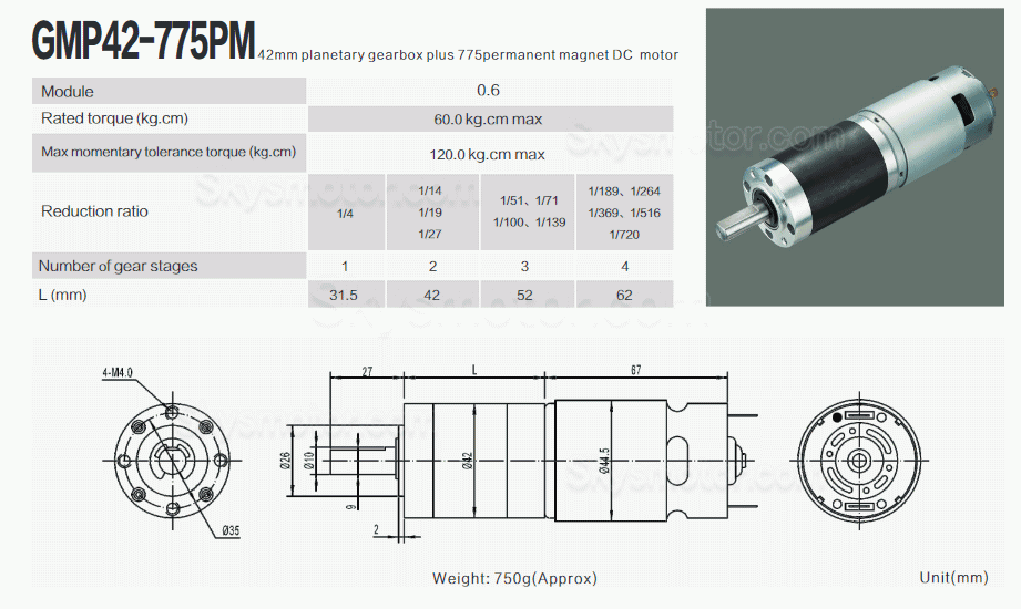 2個 Φ42mm 12V/24V ブラシDCギヤードモータ GMP42-775PM 永久磁石モータ ギア比 4~720 遊星ギアボックス付き