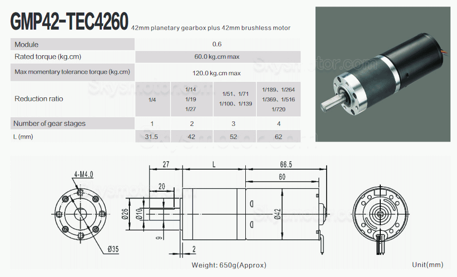 2個 Φ42mm 12V/24V BLDC遊星ギヤードモータ GMP42-TEC4260 60kg.cm 21w 遊星ギアボックス付き