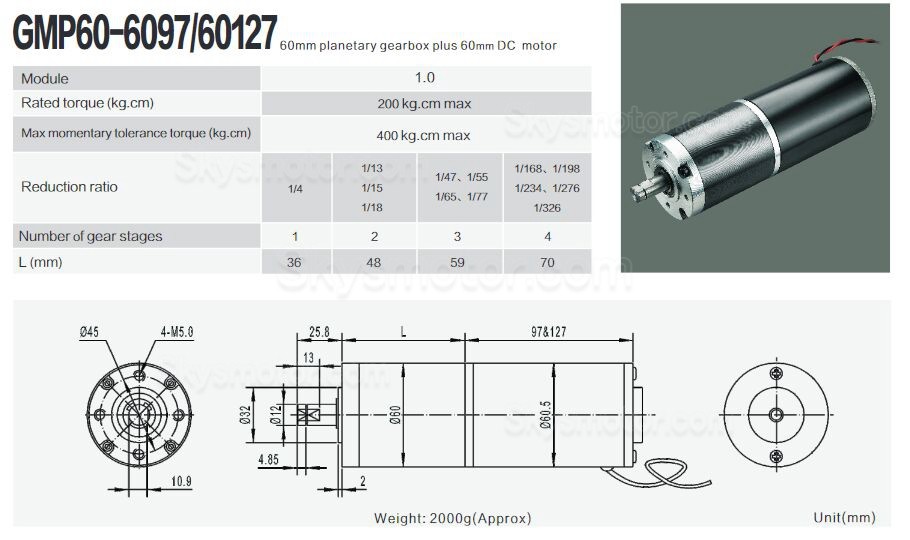 2個 Φ60mm 12V/24V ブラシDCギヤードモータ 永久磁石モータ GMP60-60127 ギア比 4~326 遊星ギアボックス付き