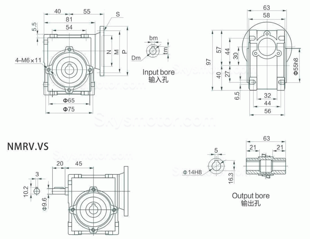 NMRV030シリーズ 丸型ウォームギアボックス ギア比 5:1-100:1 入力シャフト 9mm 11mm