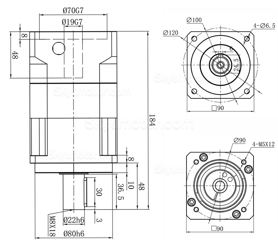 PGH090シリーズ ヘリカル遊星ギアボックス 19mm入力シャフト(Nema 34 ステッピングモーター/80mm-90mm サーボモーター用)