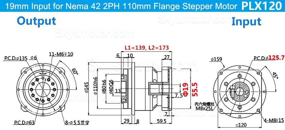 PLX120シリーズ ヘリカル遊星ギアボックス (Nema 42 ステッピングモーター & 110mm/130mm サーボモーター用)