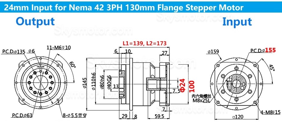 PLX120シリーズ ヘリカル遊星ギアボックス (Nema 42 ステッピングモーター & 110mm/130mm サーボモーター用)