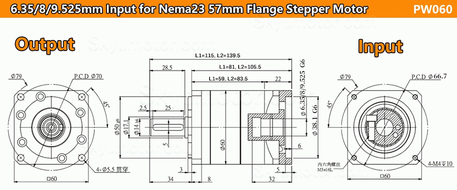 PW060シリーズ ヘリカル遊星ギアボックス 6.35/8/9.525/11/14mm入力シャフト (Nema23 ステッピングモーター /Nema 24 サーボモーター用)