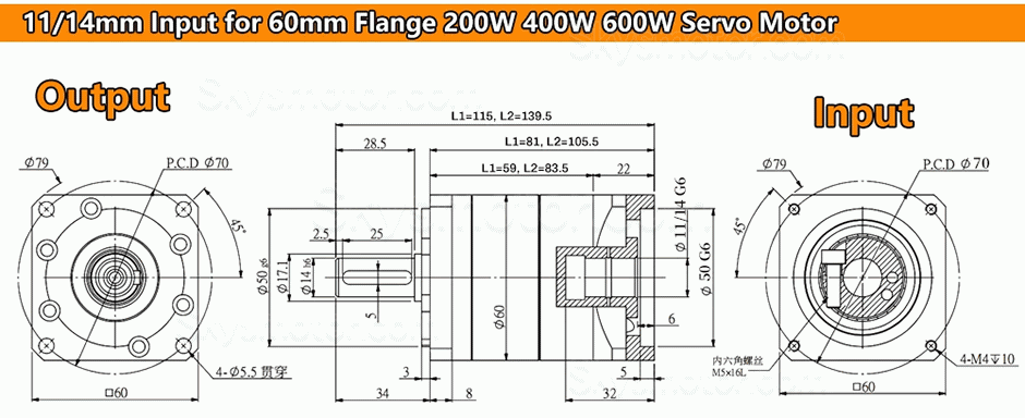 PW060シリーズ ヘリカル遊星ギアボックス 6.35/8/9.525/11/14mm入力シャフト (Nema23 ステッピングモーター /Nema 24 サーボモーター用)