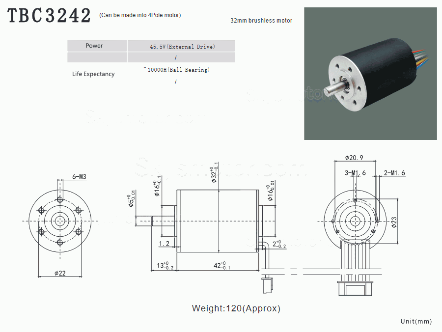 2個 Φ32mm 12V/24V DC コアレス ブラシレス モータ TBC3242 4.6kg.cm/1.9kg.cm 45.5W/ 25.1W 軸径 5mm