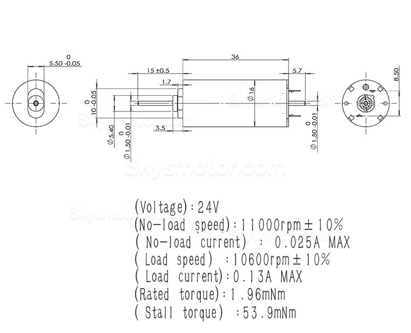 2個 Φ16mm 24V DC ブラシコアレスモータ TDC1636 1.96mN.m 2W 軸径 1.5mm