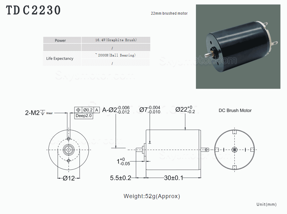 2個 Φ22mm 9V/24V DC ブラシコアレスモータ TDC2230 103g.cm/167g.cm 軸径 1mm