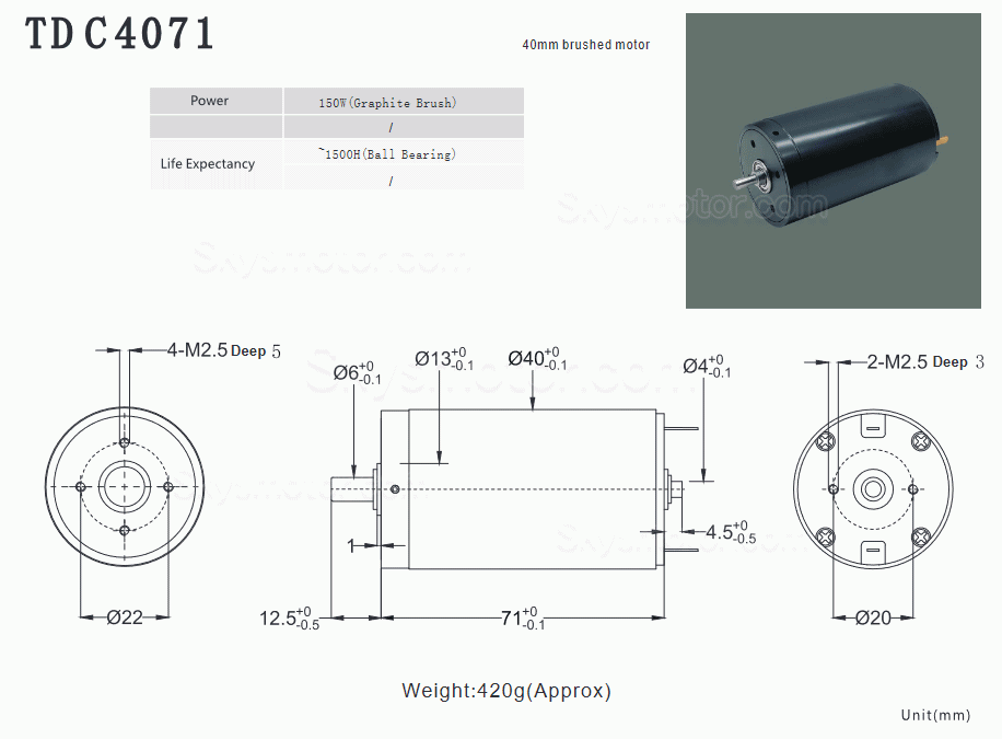 2個 Φ40mm 24V デュアルシャフト DC ブラシコアレスモータ TDC4071 2000g.cm 7000RPM/1800RPM 軸径 6mm/4mm