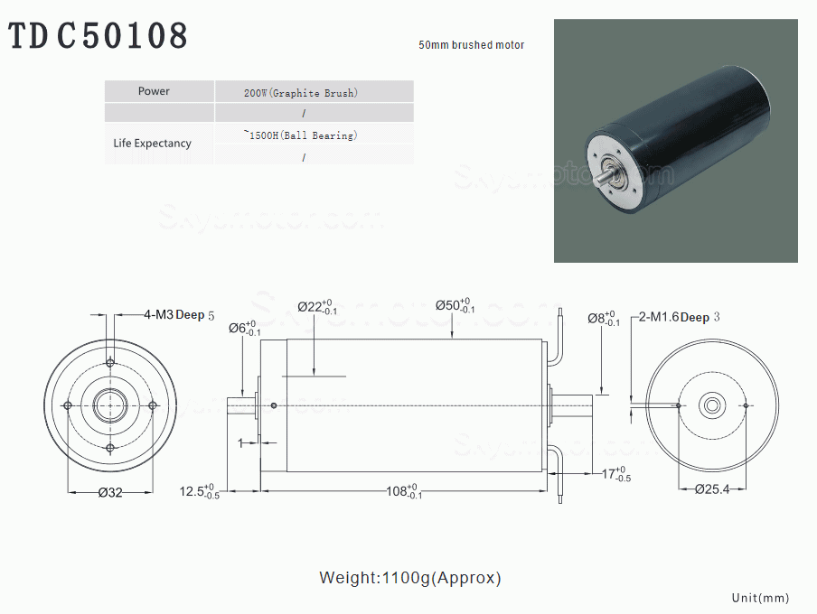 2個 Φ50mm 24V/36V デュアルシャフト ブラシコアレスモータ TDC50108 4000g.cm 5600RPM 軸径 6mm/8mm