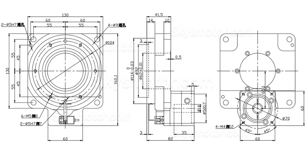 ZCT130-10/ZCT130-18 中空ロータリーアクチュエータ 入力シャフト 14mm (60mm 400W ACサーボモーター/ステッピングモーター用)