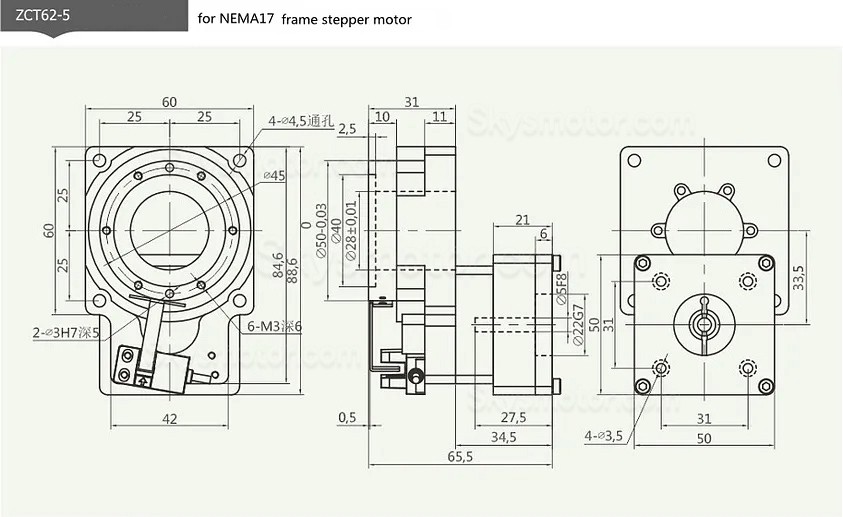 ZCT62-5/ZCT62-10 中空ロータリーアクチュエータ ギア比 5:1 10:1 (50w/100w ACサーボモーター/42 Nema ステッピングモーター用)