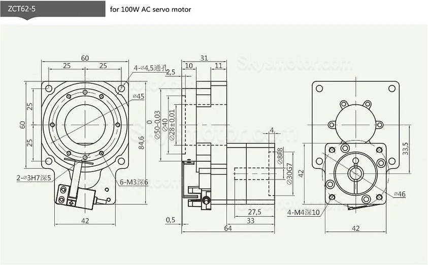 ZCT62-5/ZCT62-10 中空ロータリーアクチュエータ ギア比 5:1 10:1 (50w/100w ACサーボモーター/42 Nema ステッピングモーター用)