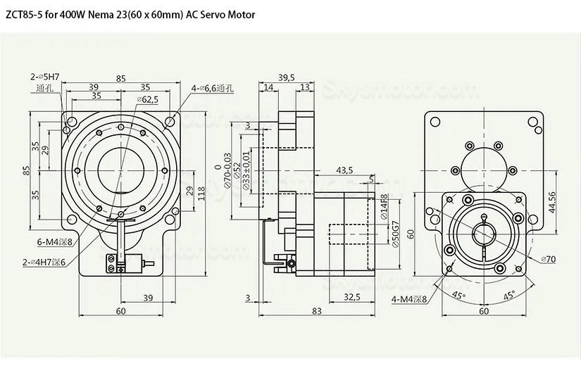 ZCT85-5/ZCT85-10 中空ロータリーアクチュエータ 入力シャフト 14mm (60mm 400W ACサーボモーター/ステッピングモーター用)